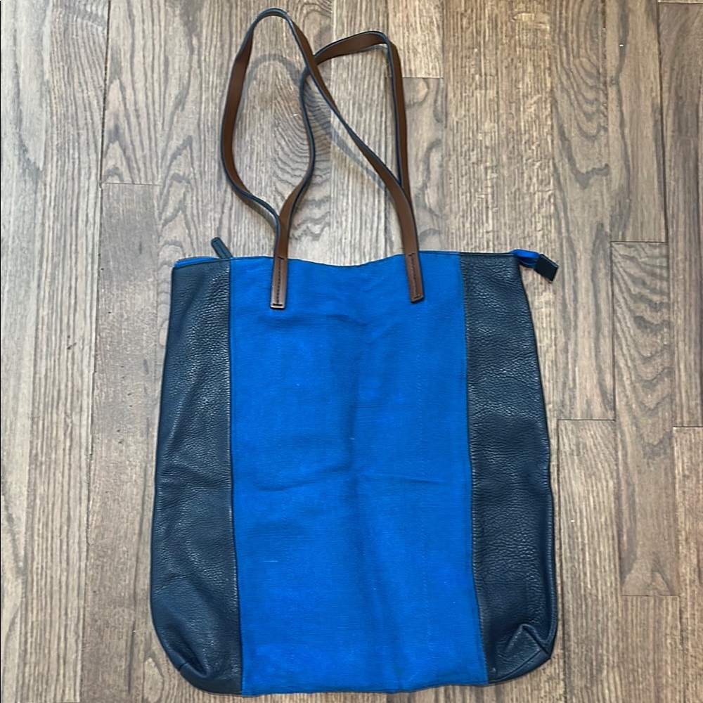 Chic Blue and Black Tote with Brown Handles